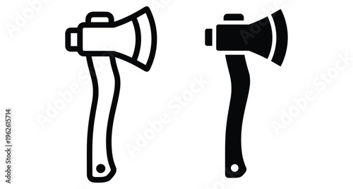Axe icon set with outline and solid black versions for woodcutting camping survival hardware construction carpentry and outdoor adventure equipment