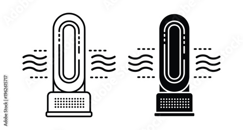Bladeless fan air purifier icon set with airflow symbols for cooling heating ventilation climate control home appliance technology vector illustration