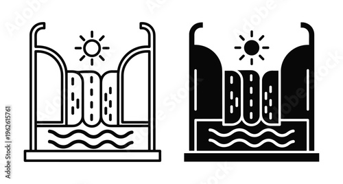 Waterfall icon set showing water flowing from cliffs under the sun for nature travel and renewable energy conservation projects