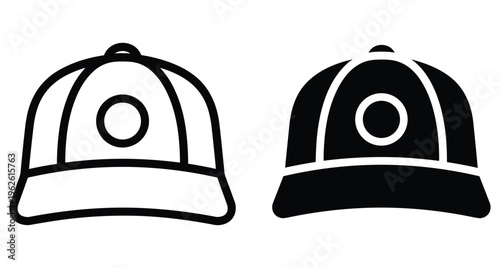 Baseball cap icons set featuring outline and solid black styles for sports apparel headwear fashion accessories and casual clothing design