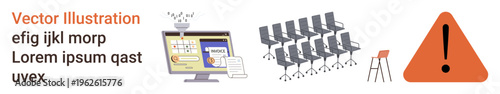 Digital productivity, workplace safety, visual warnings, organizational setups, online systems, business processes. A computer screen, rows of chairs and a warning triangle. Digital productivity