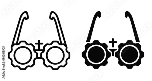 Steampunk gear glasses icon set with mechanical cogwheel frames and cross detail for industrial fashion and retro futuristic design elements