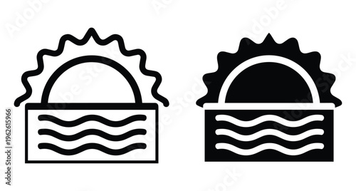 Sun rising over ocean waves icon set featuring minimalist outline and solid black silhouette designs for weather and nature concepts