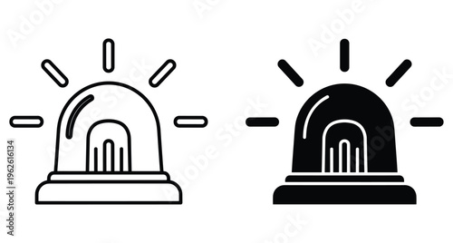 Emergency siren flashing light icon set with outline and solid black styles for police ambulance fire truck security warning signal
