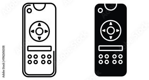 Remote control icon set for television and multimedia devices featuring outline and solid black styles for user interface design