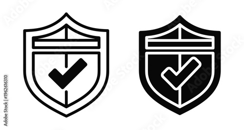 Shield icon set with checkmark symbol for security protection safety verification guarantee insurance privacy data defense reliability trust quality assurance