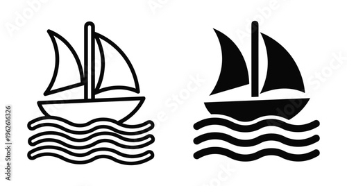 Sailboat icon set with outline and solid silhouette styles floating on ocean waves for nautical travel and marine transport design