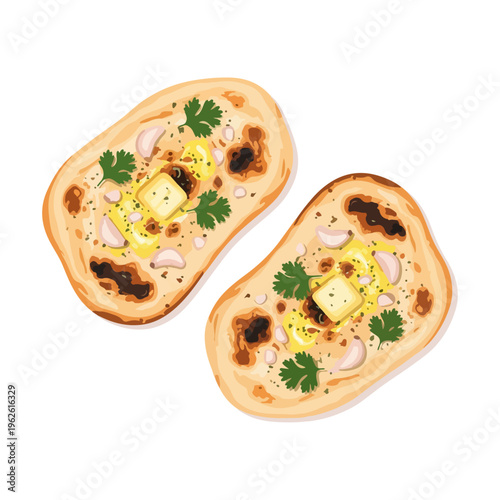  Indian Garlic Naan Flatbread with Butter and Herbs Vector