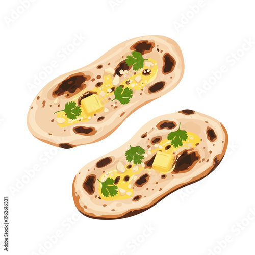  Indian Garlic Naan Flatbread with Butter and Herbs Vector