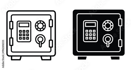 Safe box icon set with digital keypad and combination lock dial for security finance protection banking storage and wealth management