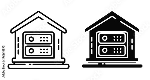 Data center server house icon set representing cloud storage hosting network infrastructure technology and digital database management for smart home systems