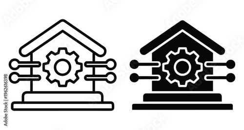 Smart home automation icon set featuring house with gear and circuit lines for technology maintenance and intelligent building system control