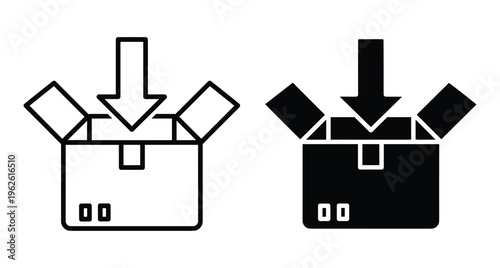 Open cardboard box icon set with downward arrow representing shipping delivery logistics storage unboxing package service and warehouse inventory management
