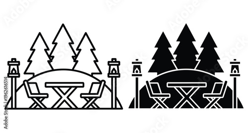 Outdoor camping area icon set with picnic table chairs pine trees and garden torches in outline and solid black style