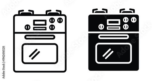Kitchen gas stove and oven icons set with burners knobs and glass door for cooking food in home kitchen interior