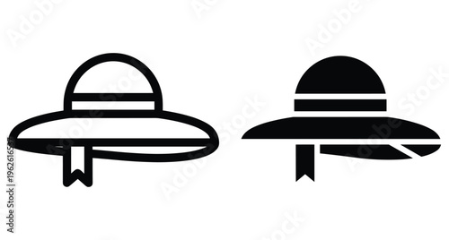 Wide brimmed sun hat icon set featuring outline and solid black styles for summer beach vacation fashion and sun protection