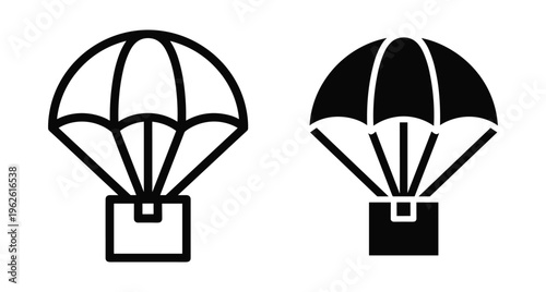 Parachute delivery icon set showing air freight shipping box falling from sky for logistics transport and fast distribution services