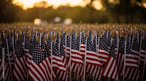 A solemn field of countless American flags proudly standing in rows under a warm, golden sky, symbolizing national unity and remembrance for freedom and sacrifice.