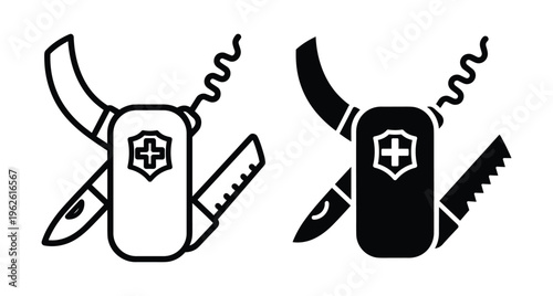 Swiss army knife icon set featuring multi tool with blade saw corkscrew and cross symbol for camping survival and outdoor adventure