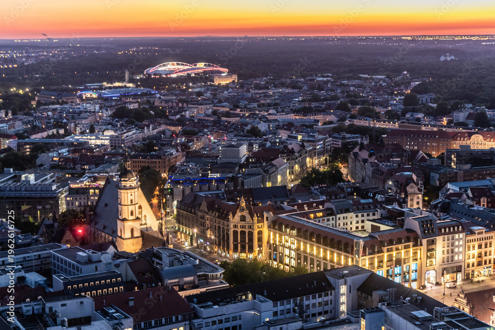 Fototapeta premium Night aerial view of Leipzig, Germany.
