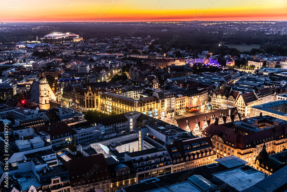 Fototapeta premium Night aerial view of Leipzig, Germany.