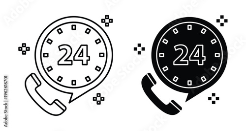 24 hours customer support service icon set with telephone handset and clock symbol for call center assistance and communication help