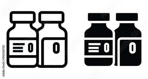 Medical vaccine vial icons in outline and solid styles for healthcare pharmacy medicine injection dose treatment clinical laboratory research hospital equipment