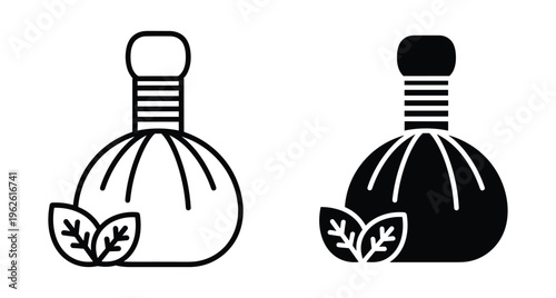 Herbal compress ball icon set for spa massage therapy wellness treatment aromatherapy relaxation health care traditional medicine organic leaf design