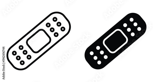 Adhesive bandage icon set with outline and solid black styles for medical first aid healthcare wound care and injury protection