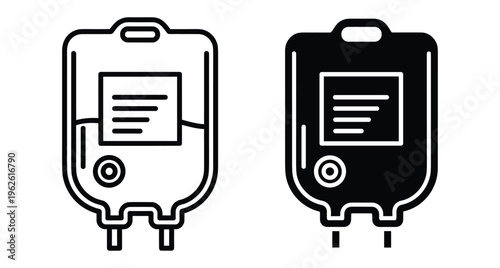 IV bag icons representing medical infusion drip saline solution blood transfusion healthcare equipment hospital supply vector line and solid style