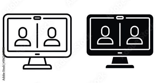 Video conference icon set showing two people on computer screen for online meeting remote work digital communication and virtual collaboration