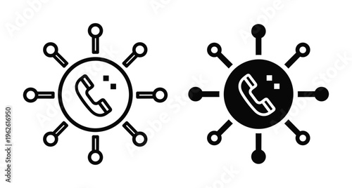 Telephone handset icon inside network circle with connection nodes for global communication call center support services and digital telecommunications technology