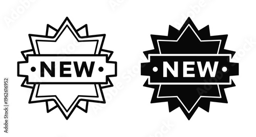 New arrival badge icon set with starburst shape and banner text for retail promotion marketing and product launch announcements