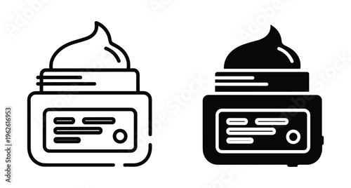 Cosmetic cream jar icons for skin care moisturizer lotion beauty product packaging design set in outline and solid black style