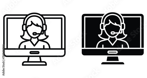 Customer service representative icon set showing female operator with headset on computer screen for online support call center help desk