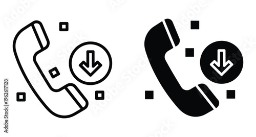 Incoming call icon set featuring phone receiver with downward arrow symbol for communication interface design in outline and solid styles