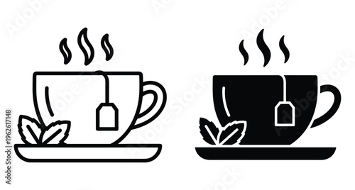 Tea cup icon set with tea bag steam and mint leaves featuring outline and solid silhouette styles for beverage menu design