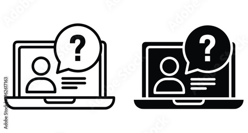 Laptop computer icon set with user profile and question mark speech bubble for online support help desk and customer service