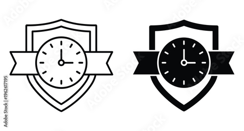Shield with clock and ribbon icon set representing time protection warranty guarantee security insurance reliability safety management and service quality