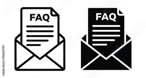 FAQ document inside open envelope icon set featuring line and solid styles for customer support help and information services