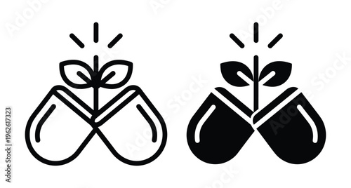 Herbal medicine icon set featuring a split capsule with a growing green sprout representing natural health organic supplements and wellness