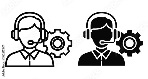 Customer support agent icon set with headset and gear symbol representing technical assistance service center help desk and maintenance