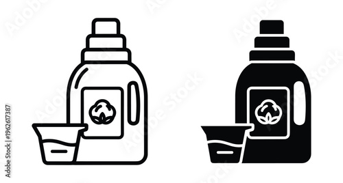 Laundry detergent bottle icon set with measuring cup and cotton flower symbol for fabric softener liquid soap cleaning supplies