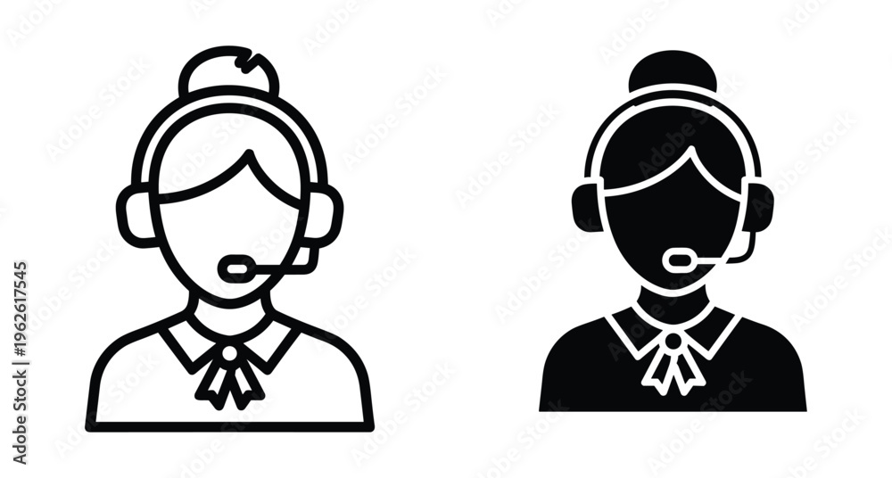 Fototapeta premium Female customer service representative icon set featuring call center agent with headset wearing professional uniform in line and solid style