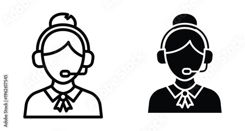 Female customer service representative icon set featuring call center agent with headset wearing professional uniform in line and solid style
