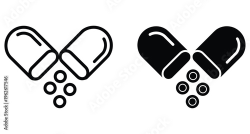 Open medical capsule pill with granules falling out in outline and solid black silhouette styles for healthcare pharmacy medicine design projects