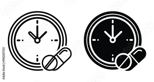 Medicine time icon set showing clock with pill and capsule for medication schedule reminder healthcare treatment and pharmacy prescription timing