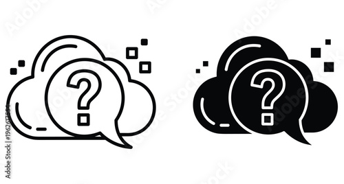 Cloud computing question mark icon set with speech bubble and data particles representing online support help desk and network troubleshooting
