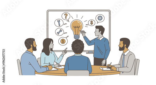 Business team brainstorming with lightbulb idea.