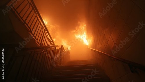 Flames raging at the bottom of a concrete stairwell while dense smoke rises rapidly to upper floors creating a suffocating emergency escape failure